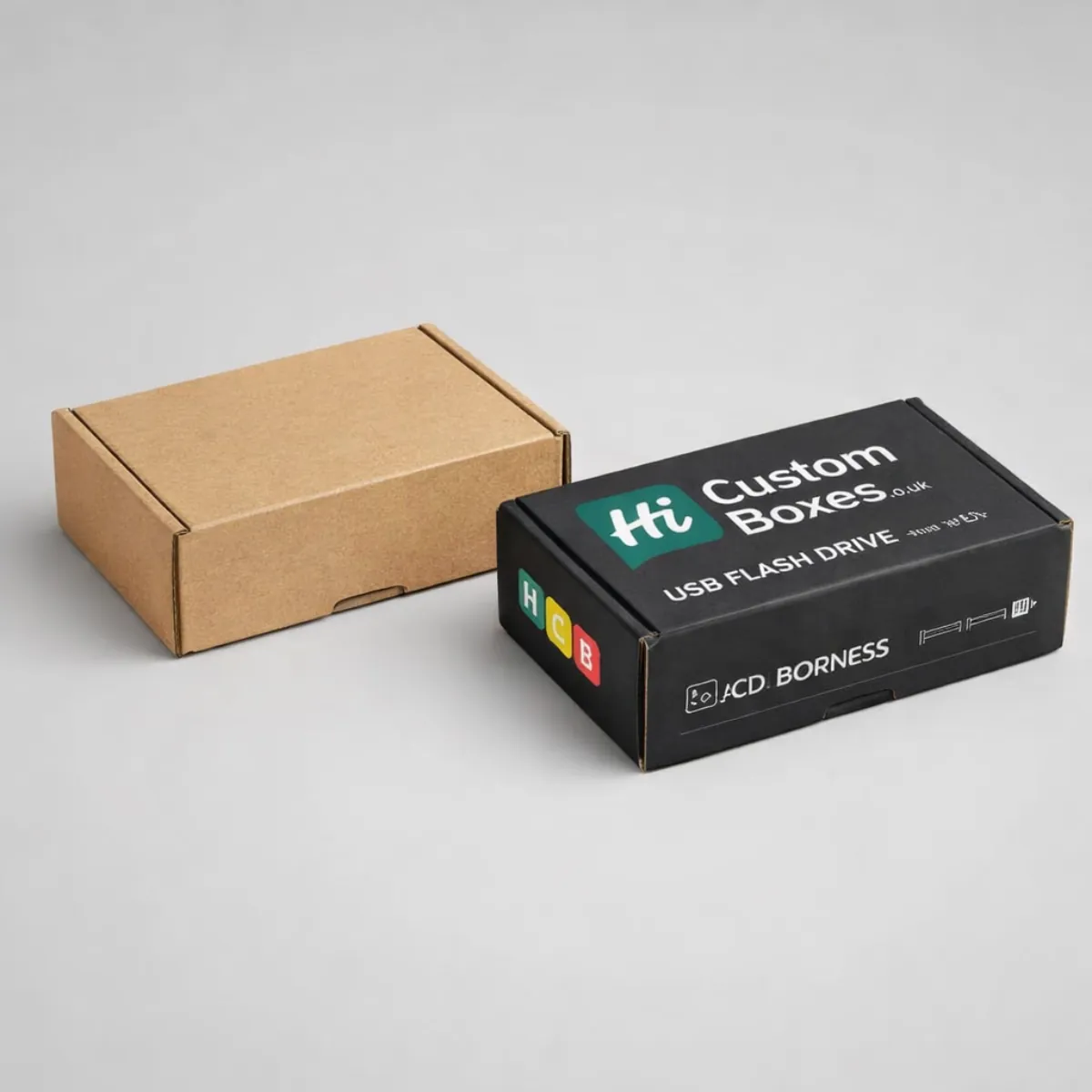 Two small cardboard mailer boxes, one plain brown and one printed black with a company logo. class=